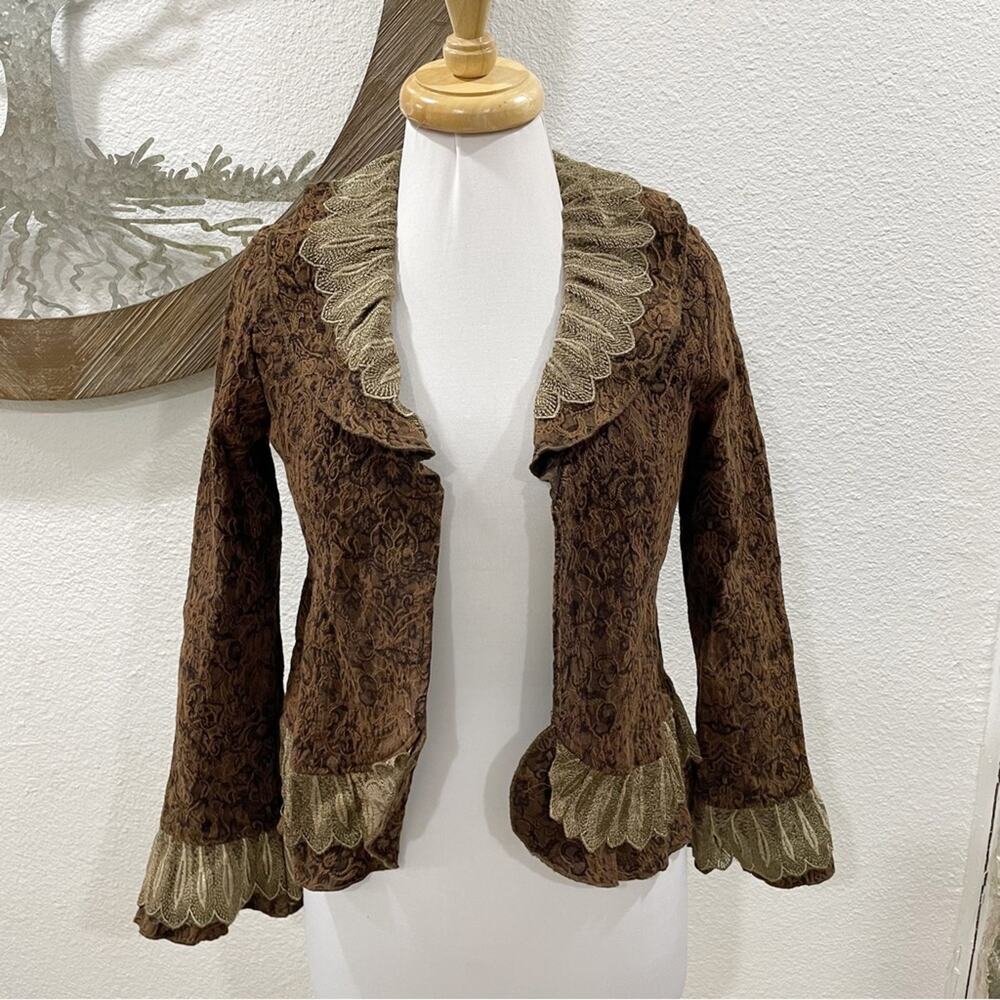 The Pyramid Collection Ruffled Lace Brocade Blazer Jacket Brown Tan Small
